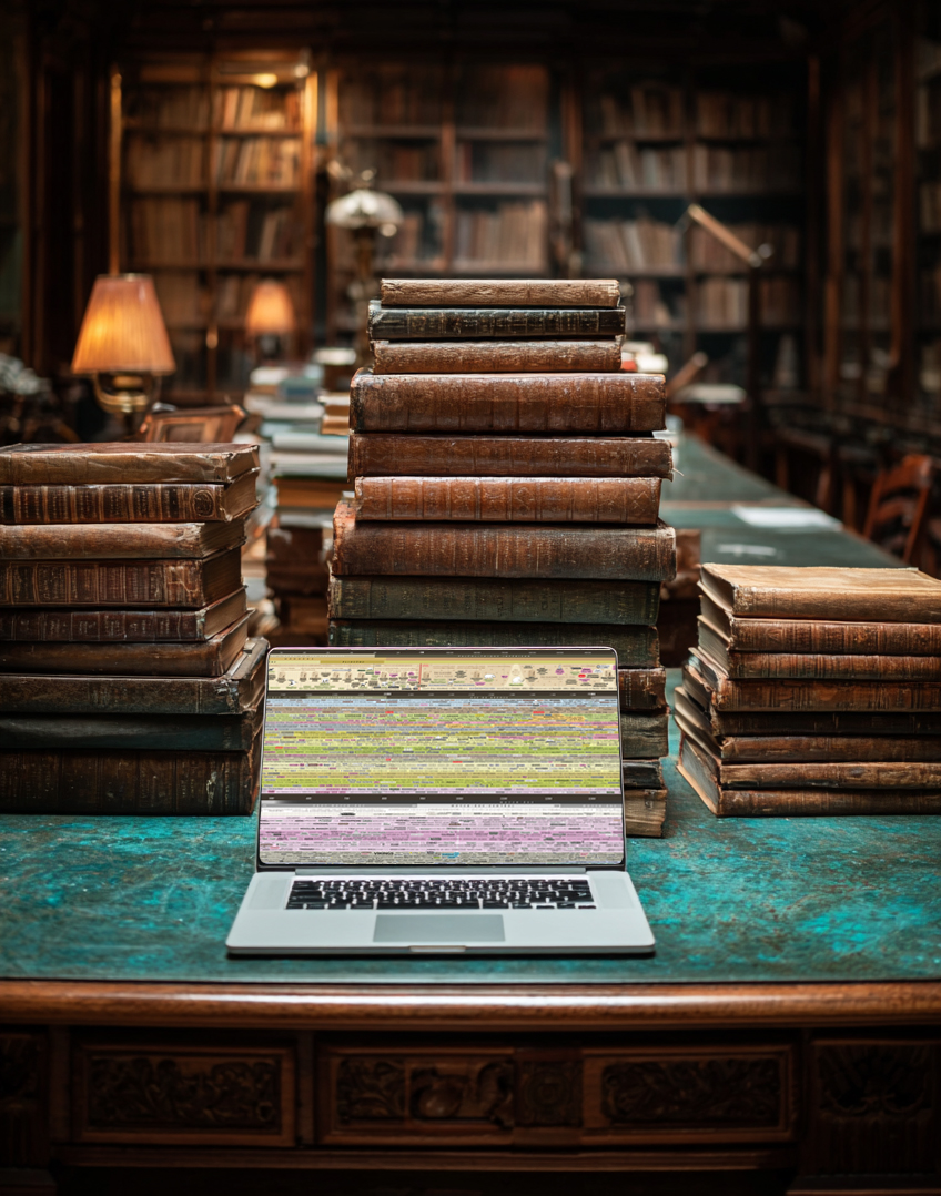 L'mpartialité de l'Histoire necessite de croiser un maximum de source - Des piles de livres entourrent un ordinateur portable ouvert ou l'on peut voir la frise chronologique mondiale en pleine création.